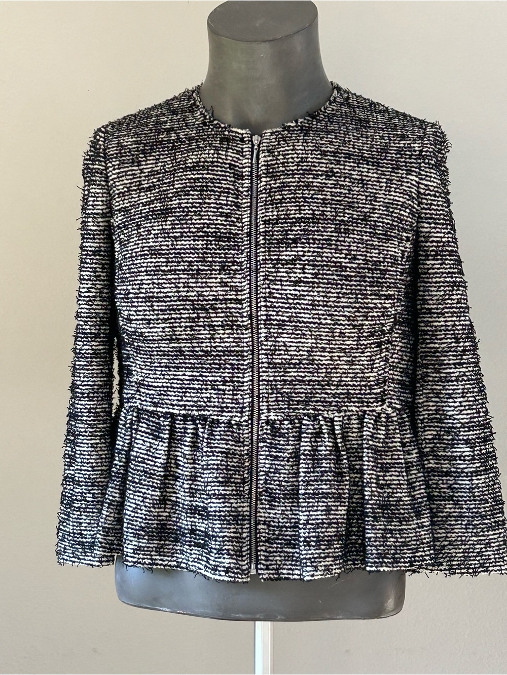 New Rebecca Taylor Black & White Tweed Peplum Office/Travel Lightweight Jacket
